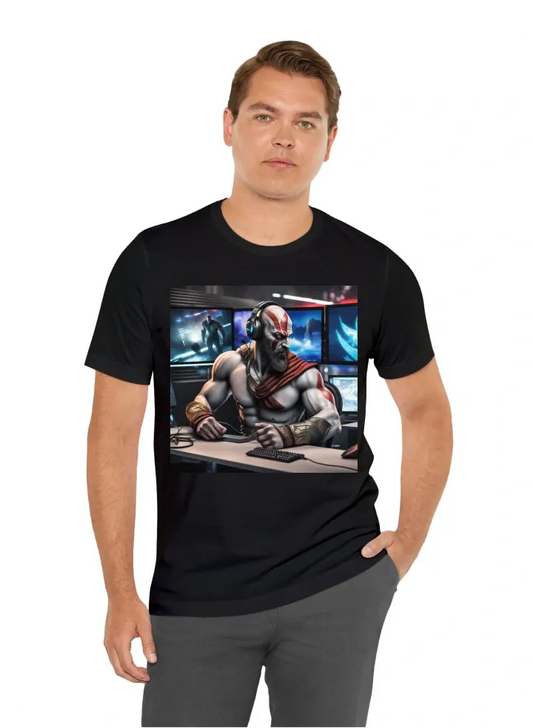 Realistic cyberpunk kratos in front of a pc monitor with headphones in his ear and the phrase "God of ADS"
