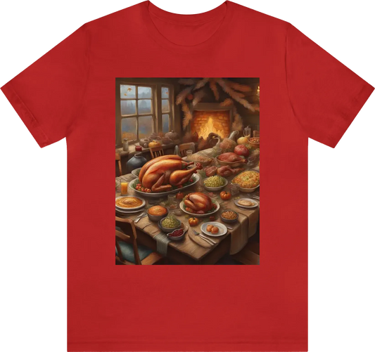 Be as specific and descriptive as possible. Thanksgiving table with a whole lot of food on top in a cozy cabin with a fireplace on , illustration, 8k