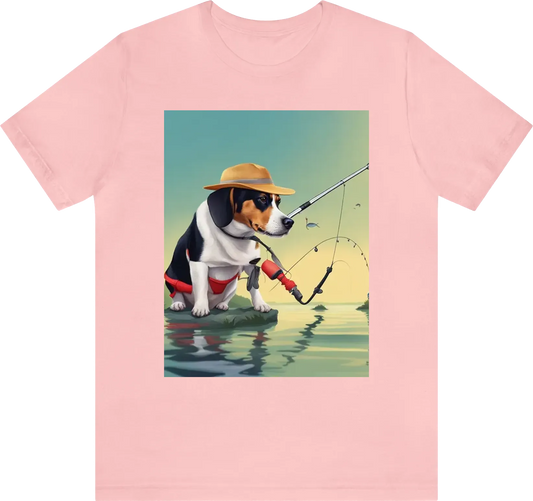 A dog fishing with a tiny fishing rod while wearing a fishing hat