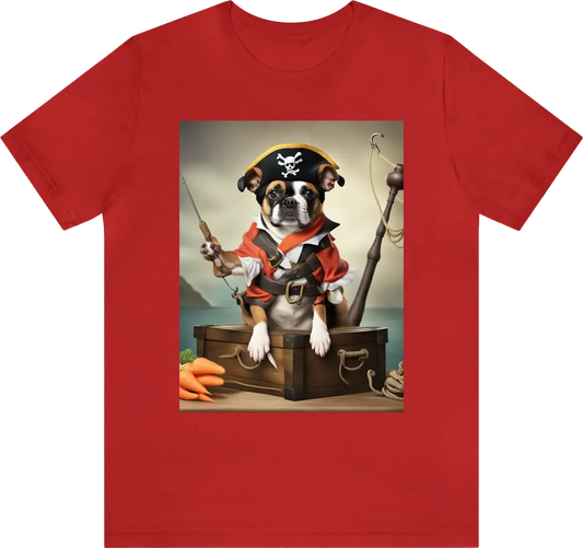 A dog dressed as a pirate, sitting on a treasure chest while fishing with a hook made out of a carrot