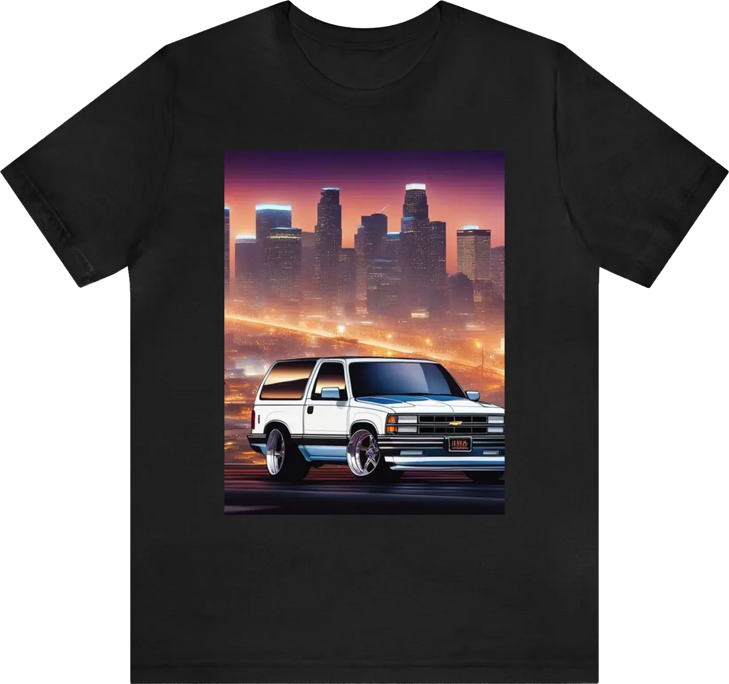 Lowered 1992 chevy s-10 blazer white acura integra on shiny chrome rims with the downtown los Angeles skyline, illustration, 8k, 4k