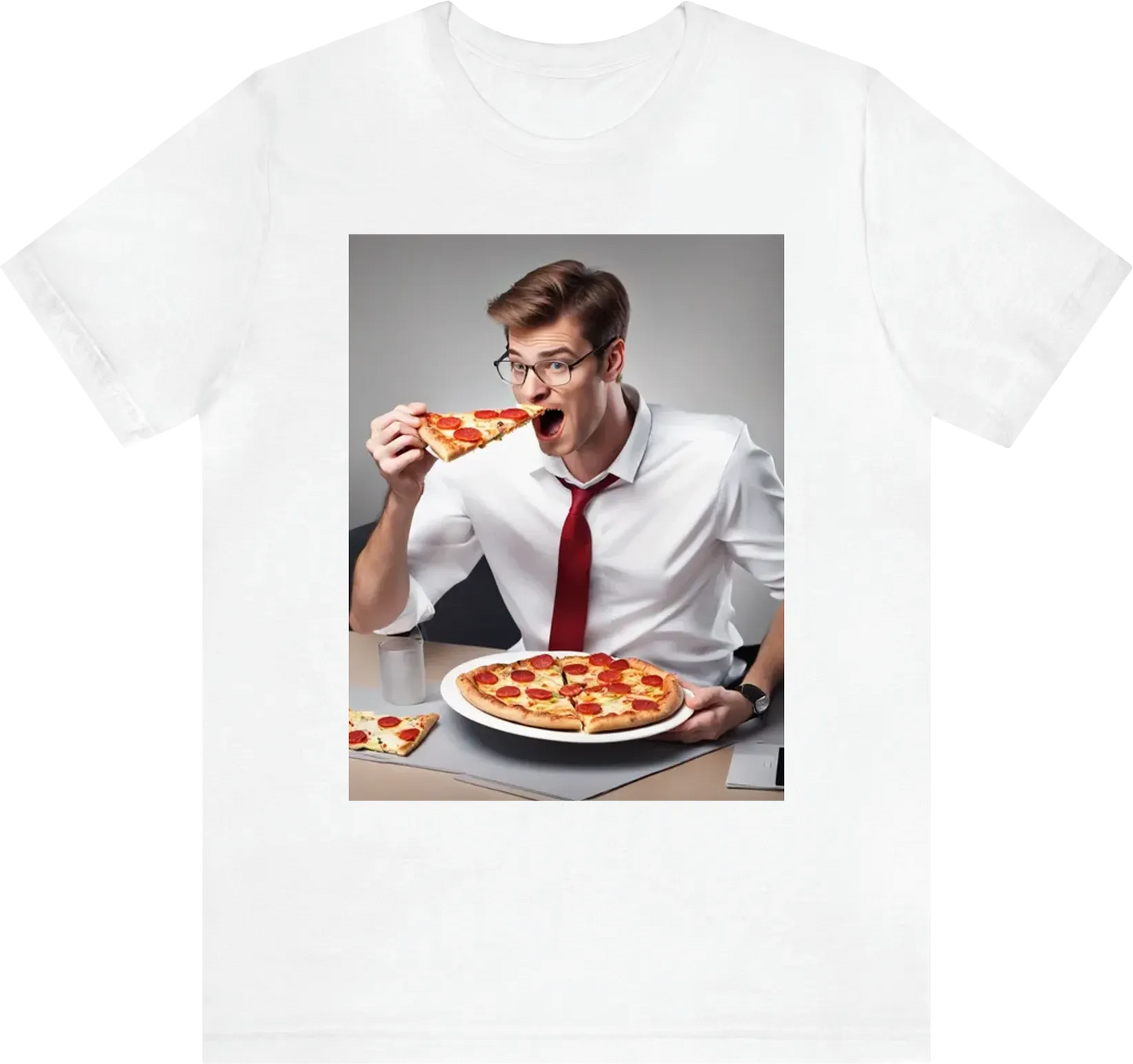 Corporate guy eating pizza