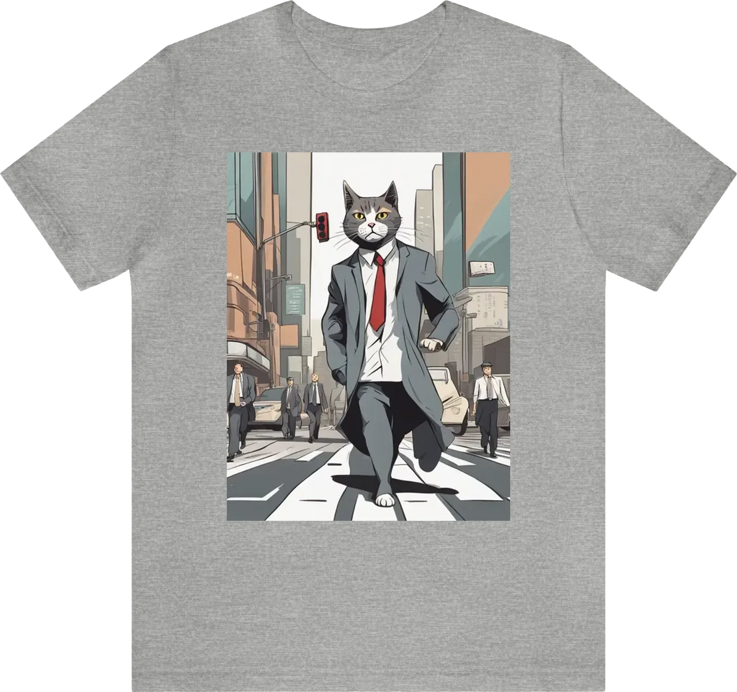 A tall busy businessman cat crossing the street with a serious look