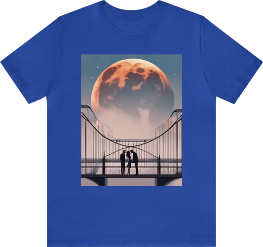 An modern bridge with a big moon while two lovers kissing