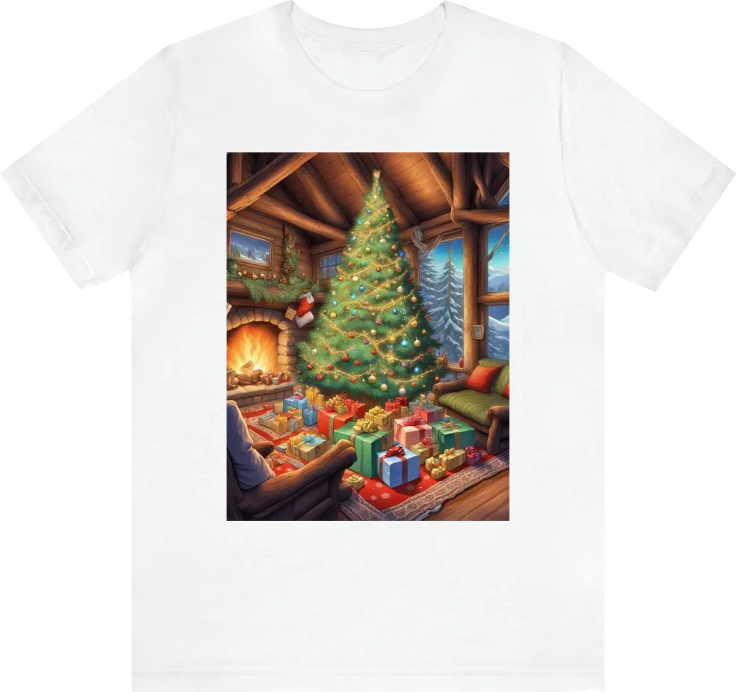 Be as specific and descriptive as possible.  A big Christmas tree lit up with lots of presents in a cozy big cabin with the fire place and a table full of holiday food.  illustration, comic, hdr, 8k