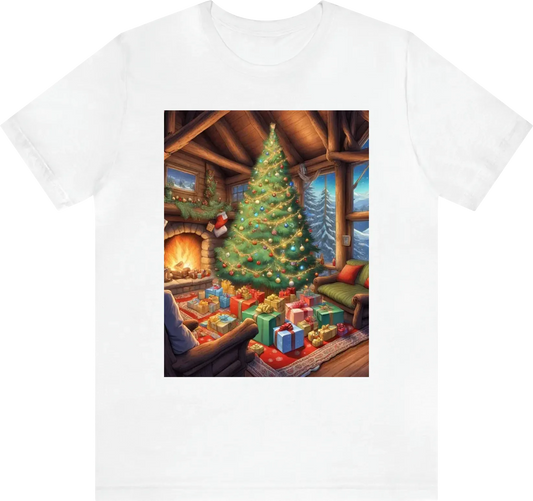 Be as specific and descriptive as possible.  A big Christmas tree lit up with lots of presents in a cozy big cabin with the fire place and a table full of holiday food.  illustration, comic, hdr, 8k