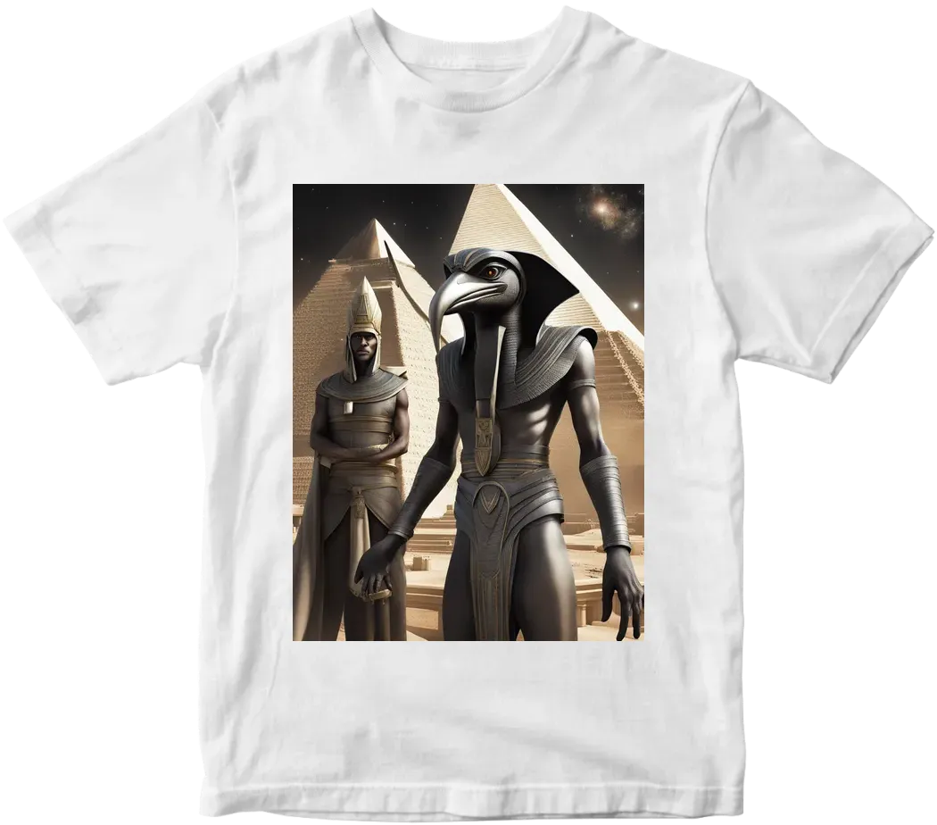 Thoth the atlantian with black finished beak dressed in armor  in realistic cosmic deep space setting over looking the building of the pyramids with Pyramids and palm tress and a touch