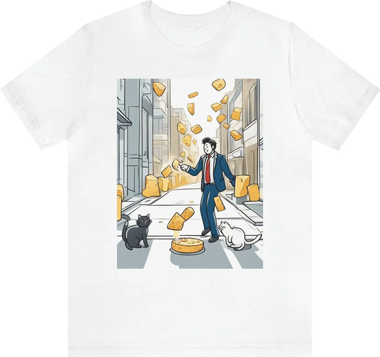 A  businessman cat throw cheese to a regular cat in the street in line art