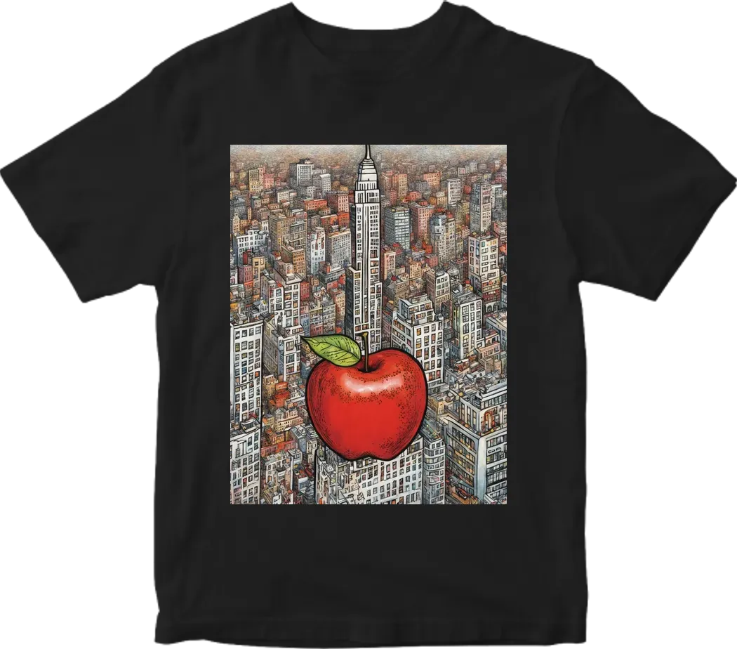 Big red apple, new york city background,  art by keith haring