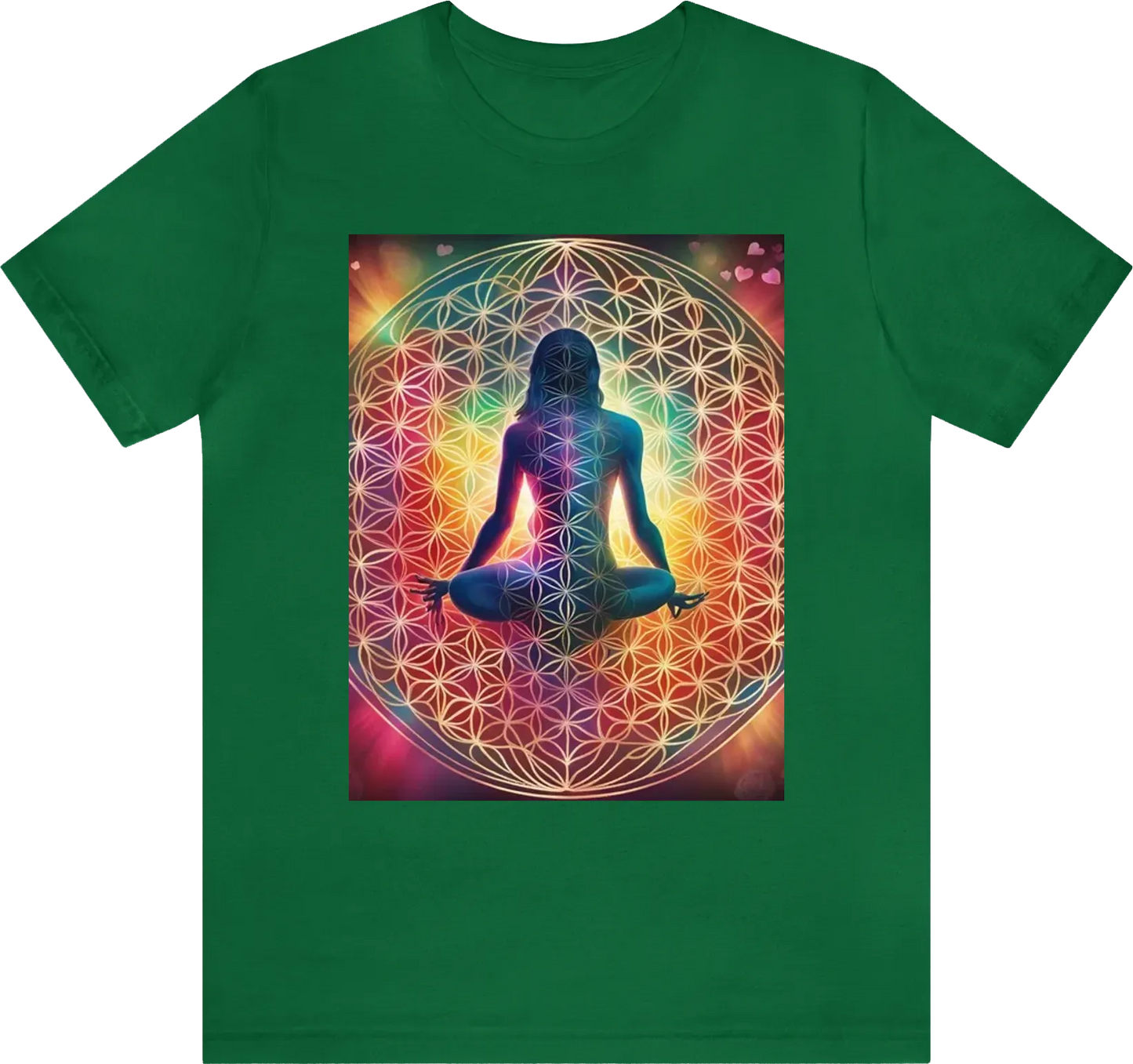 Flower of life with a body represented through the middle with their hearts open to the world shotting  ray of light. neo colours