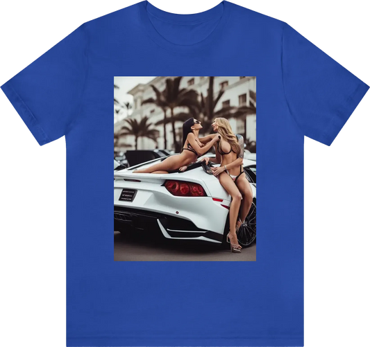 Exotic cars and bikini models kissing at the camera