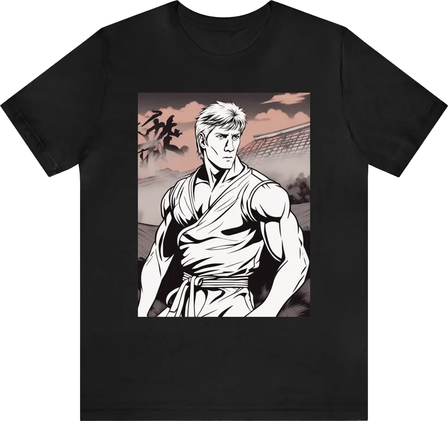 Johnny Lawrence from Cobra Kai in a gi with no sleeves and ripped anime style