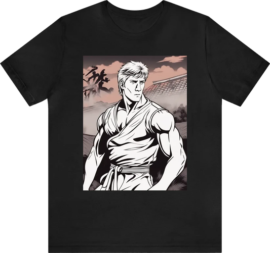 Johnny Lawrence from Cobra Kai in a gi with no sleeves and ripped anime style