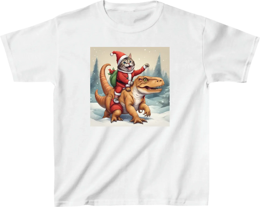 Cat in santa clothes Riding A Dinosaur T Rex Christmas illustration