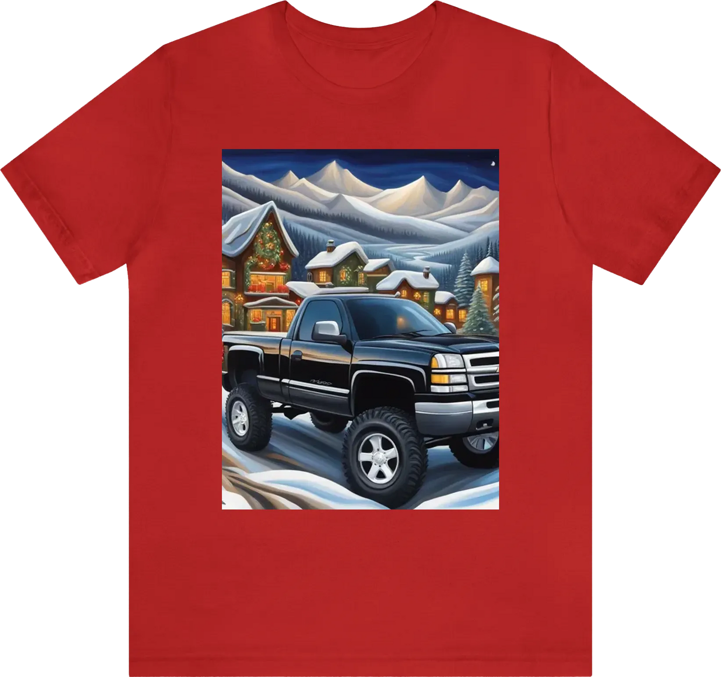 Be as specific and descriptive. black 2006 chevy silverado quad cab  lowered on shiny rims driving with a Christmas scenery in the background a full image of scenery.. illustration, 8k