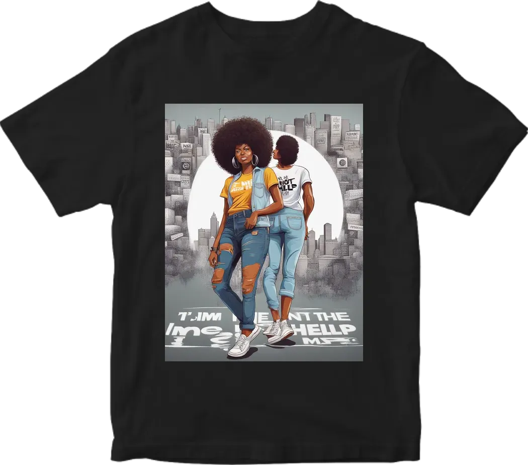 Full image of beautiful african american woman with an afro, wearing jean, white sneakers, t-shirt that says, I'm not the help! vector highly detailed, street art, vibrant, urban, detailed, tag, mural, white background