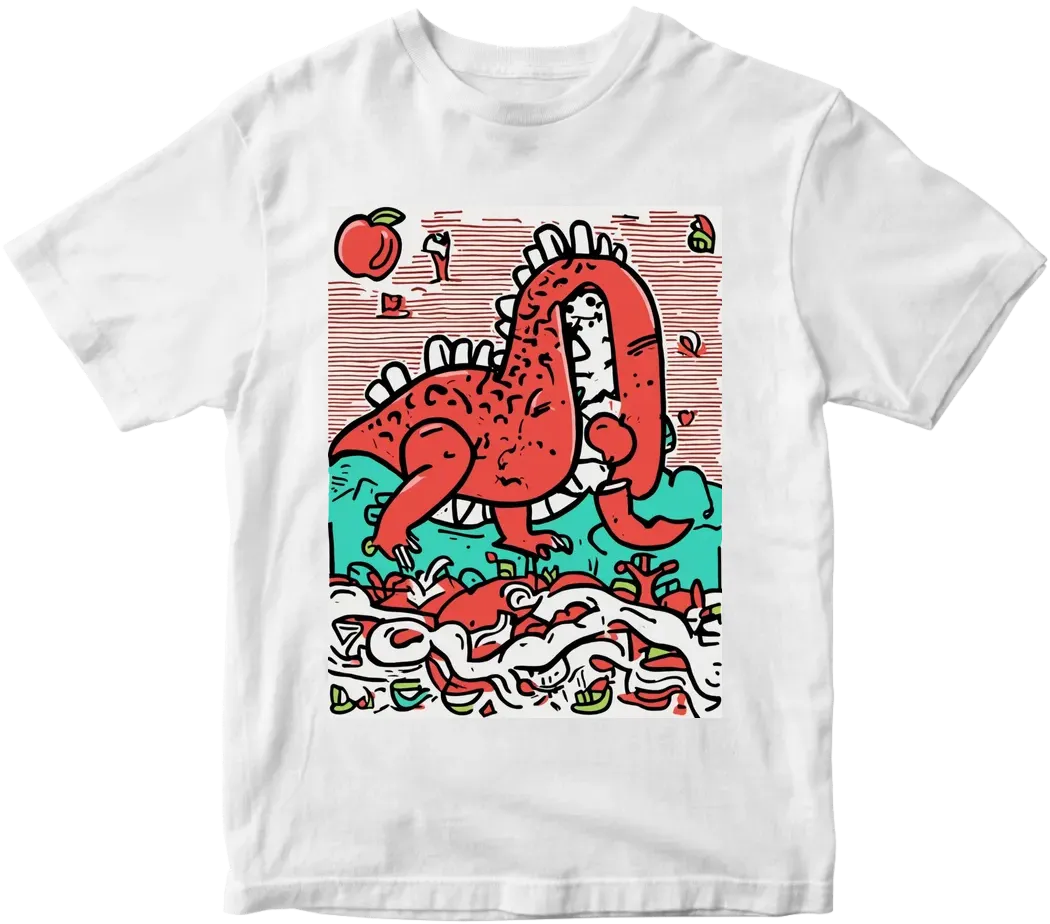 Red apple keith haring style, dinosaur