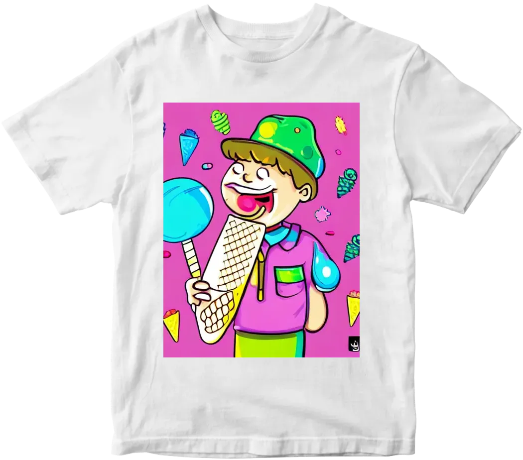 Kid licking and enjoying ice cream cone, grafiti style, neon colours, creamy swirls and vibrant sprinkles. T-shirt design graphic, vector, contour, white background.