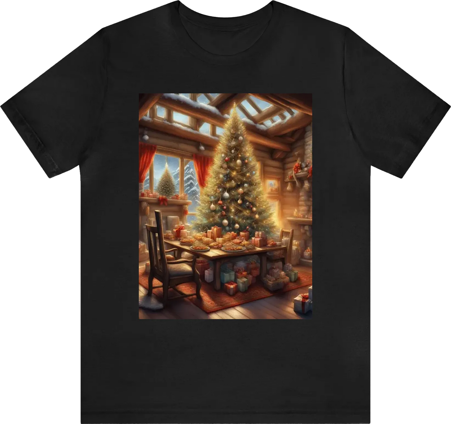 Be as specific and descriptive as possible.  A big Christmas tree with lots of presents in a cozy big cabin with the fire place and a table full of holiday food.  illustration, comic, hdr, 8k