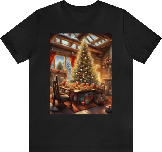 Be as specific and descriptive as possible.  A big Christmas tree with lots of presents in a cozy big cabin with the fire place and a table full of holiday food.  illustration, comic, hdr, 8k