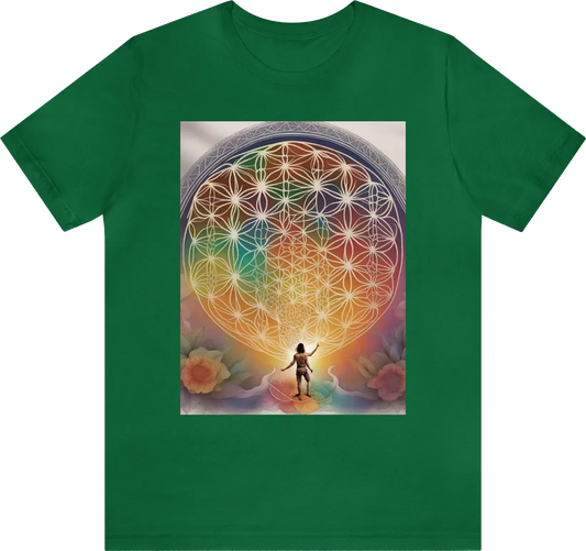 In the centre of the tshirt feature the flower of life in colour with a human stood verically threw the flower of life with a radiant light coming from the chest of the human surrounded by the 7 charakas in colour