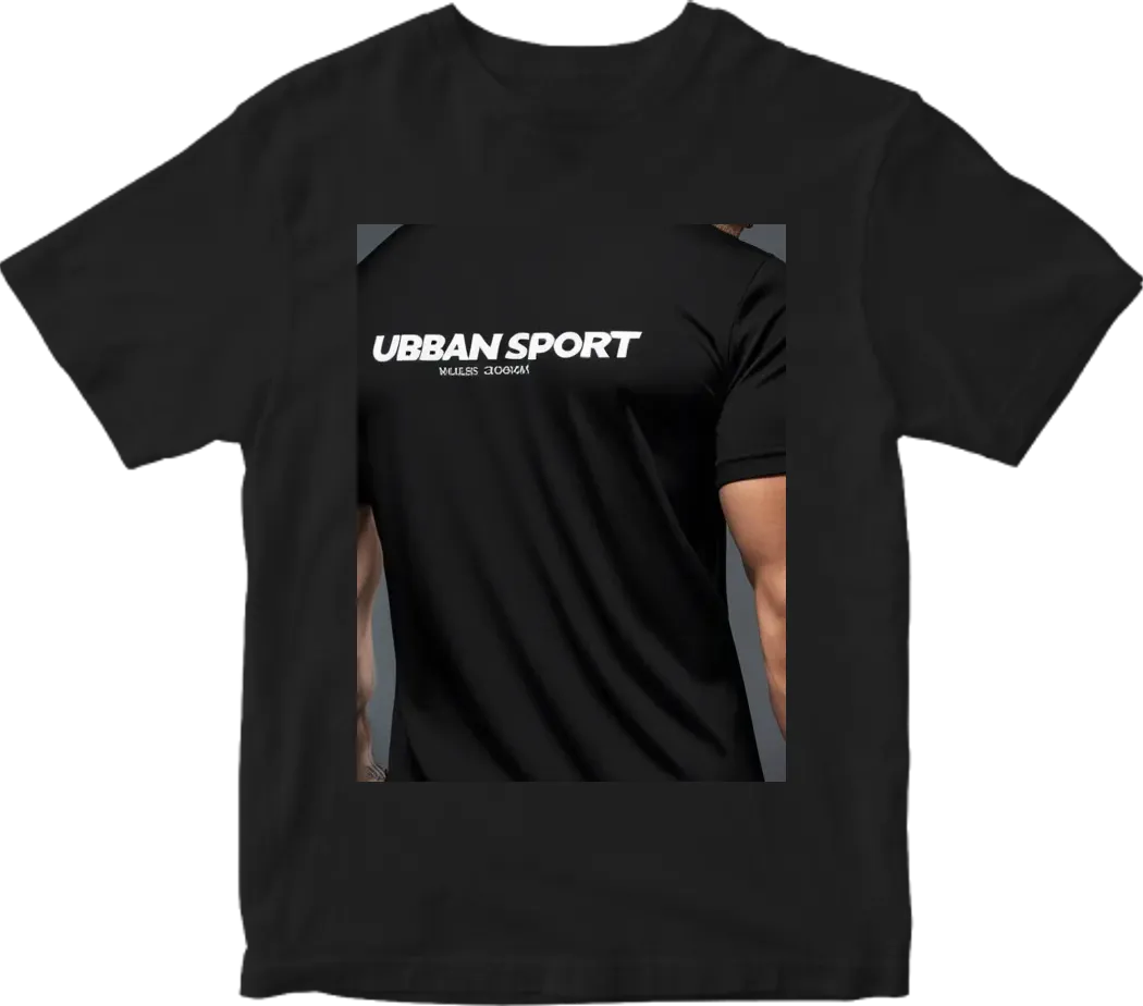 Black t-shirt with name UrbanSport on the top right of the t-shirt