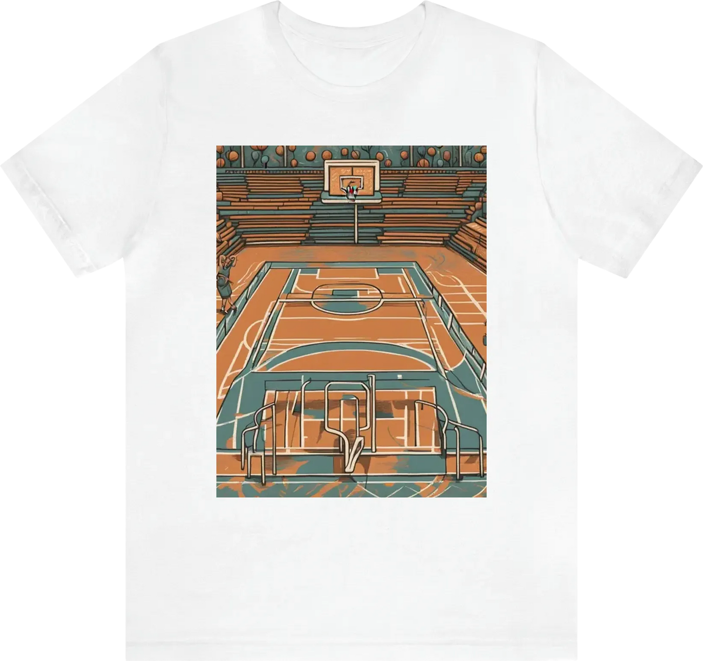 Generate a T-shirt design featuring a stylized basketball court pattern