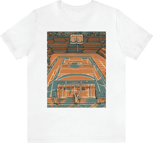 Generate a T-shirt design featuring a stylized basketball court pattern