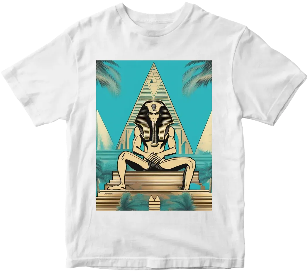 Thoth the atlantian in cosmic setting with Pyramids and palm tress and turquoise blue