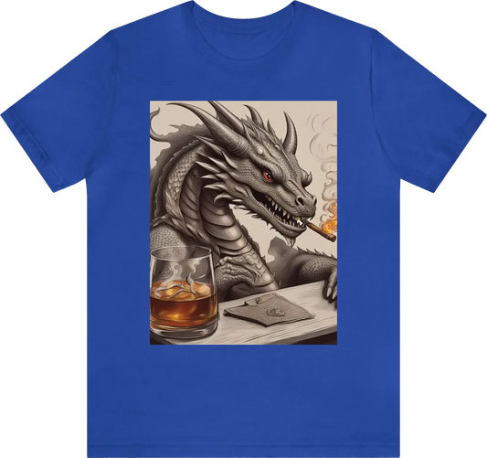 A dragon smoking cigars and drinking whiskey