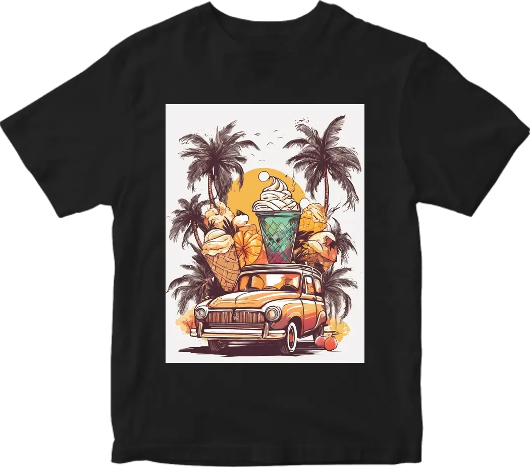 Tropical ice cream escape, tropical style, relaxed mood, golden sunset lighting, palm trees, and exotic fruits complementing luscious scoops. T-shirt design graphic, vector, contour, white background.