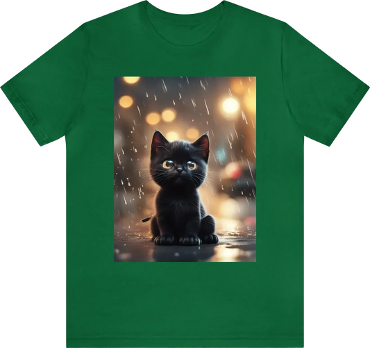 Cute baby black cat crying in the rain, tears, looking at sky, cinematic lights, high resolution