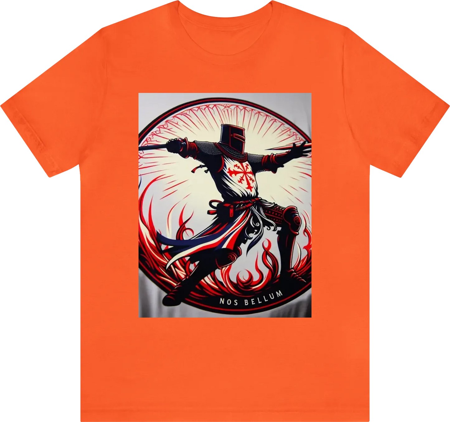 A silhouette of a knight throwing a javelin at an enemy while wearing red/white/blue clothing with anoverall theme of Red and gold using ornate designs to make this the most regal shirt ever created. USE "NOS BELLUM" in the artwork. Reduce the background