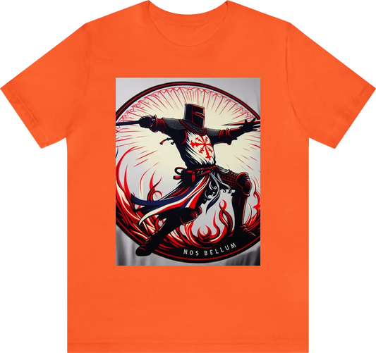 A silhouette of a knight throwing a javelin at an enemy while wearing red/white/blue clothing with anoverall theme of Red and gold using ornate designs to make this the most regal shirt ever created. USE "NOS BELLUM" in the artwork. Reduce the background