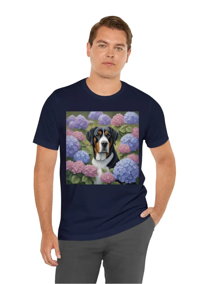 Adult great swiss mountain dog head portret in garden with lavender and hydrangea flowers