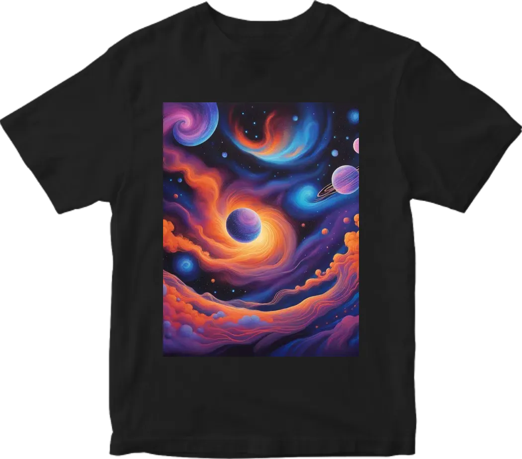 Blacklight painting of a galaxy scene, complete with swirling nebulas and stars that glow under UV light.