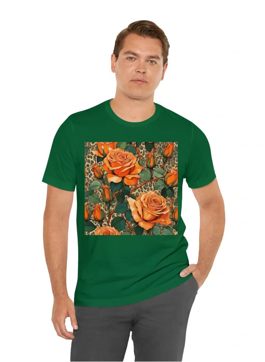 Vintage  orange roses with thorns and green leaves on a leopard print background