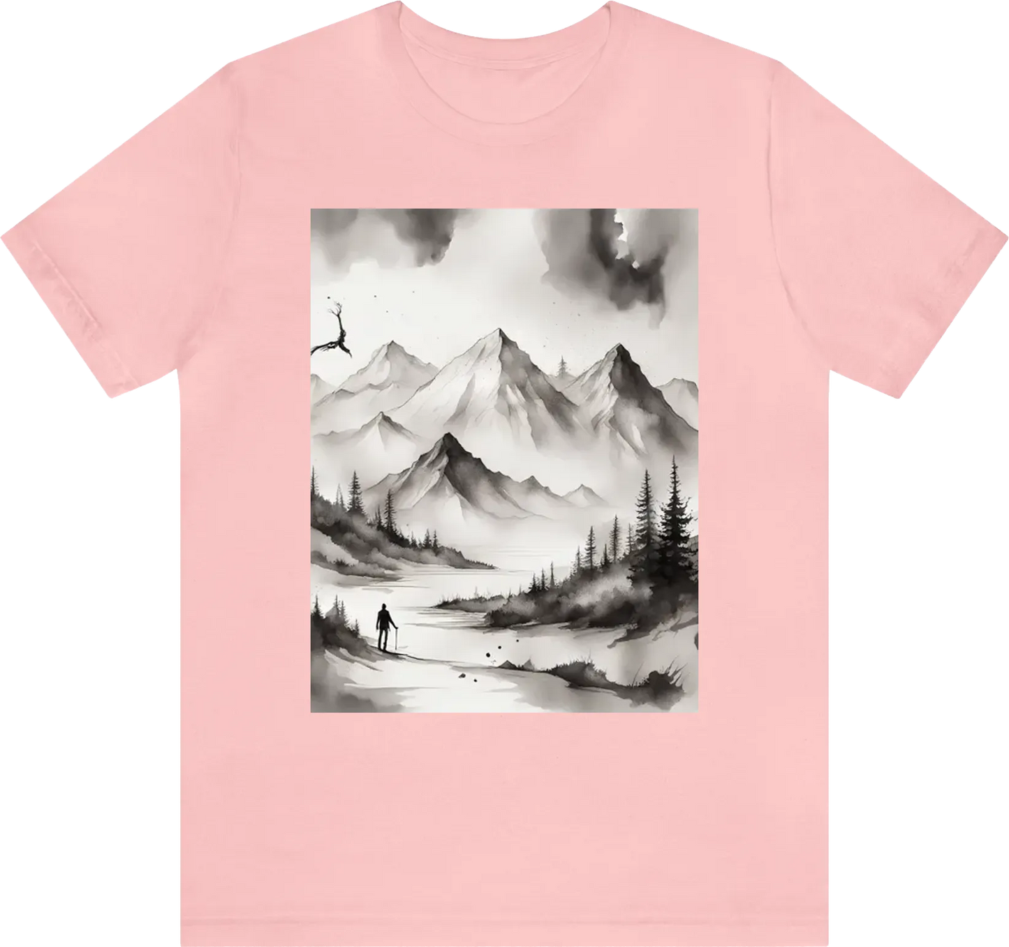 Ector t-shirt design, minimalistic ink drawing style, vanishing point on white paper, mountains and skeletons Double exposure watercolor splash, in black and white, but with only a few autumn color accent, art incorporated as complimentary elements, fashi