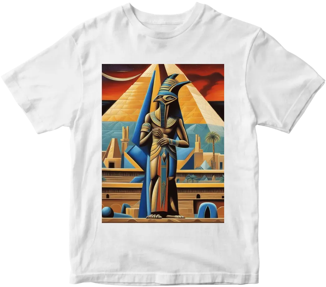 Thoth the atlantian with black finished beak dressed in armor  in realistic cosmic deep space setting over looking the building of the pyramids with Pyramids and palm tress and a touch