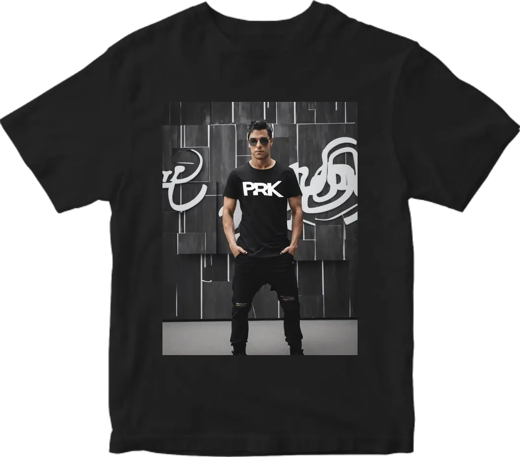 Create black tshirt with logo “PRKR” in white letters. add white lines to make it unique. the logo is the logo of a dj