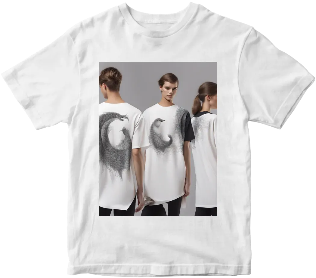 Generate an oversized t-shirt with a design modern on the back.
