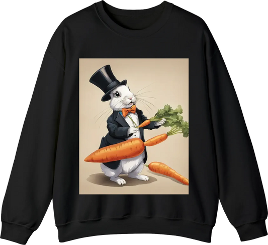 A rabbit dressed as a magician, pulling a carrot out of a top hat