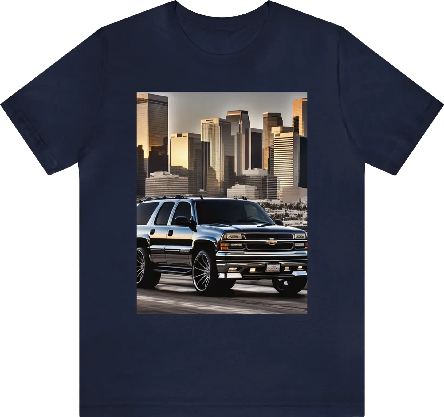 Lowered 2001 chevy tahoe on shiny chrome rims with the downtown los Angeles skyline, comic, 8k, 4k