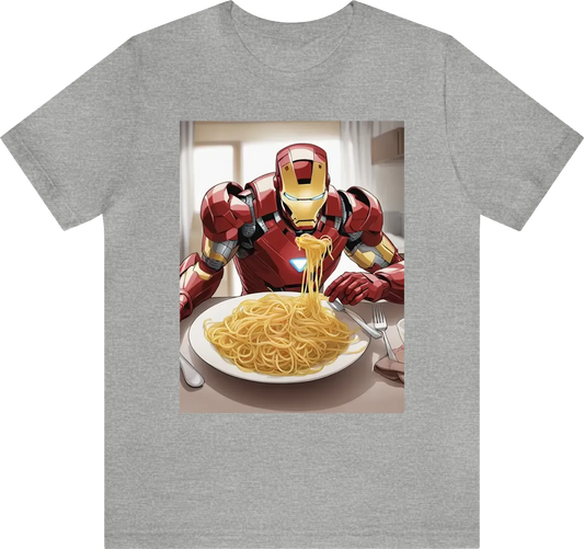 Iron man eating carbonara pasta