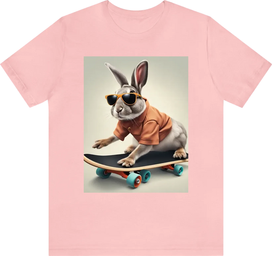 A rabbit wearing sunglasses, riding a skateboard