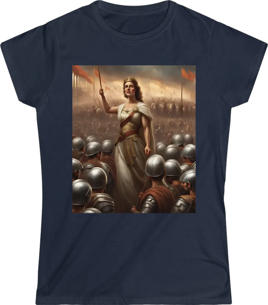 Write Large text "Nos Bellum" With the most captivating inspiringly beautiful regal image of a European roman empire smiling woman standing in front of an army of stern men. This is the most beautiful image that God has ever graced humanity with