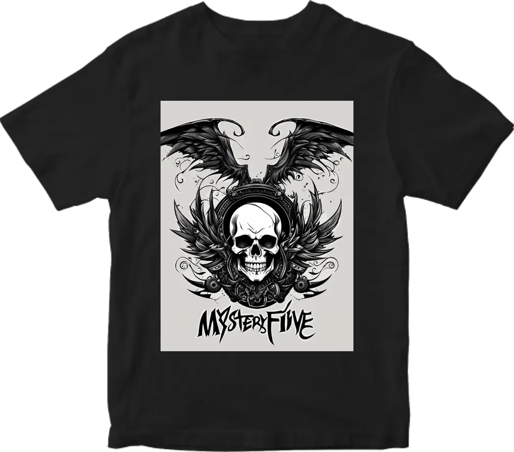 (M5) ( mystery five ) dark font detail, aesthetic ,smile skull with wings music rock  ,devil dark background futuristic ,detailing