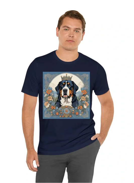 Great swiss mountain dog head portret with a crown of flowers colours blue and ivory