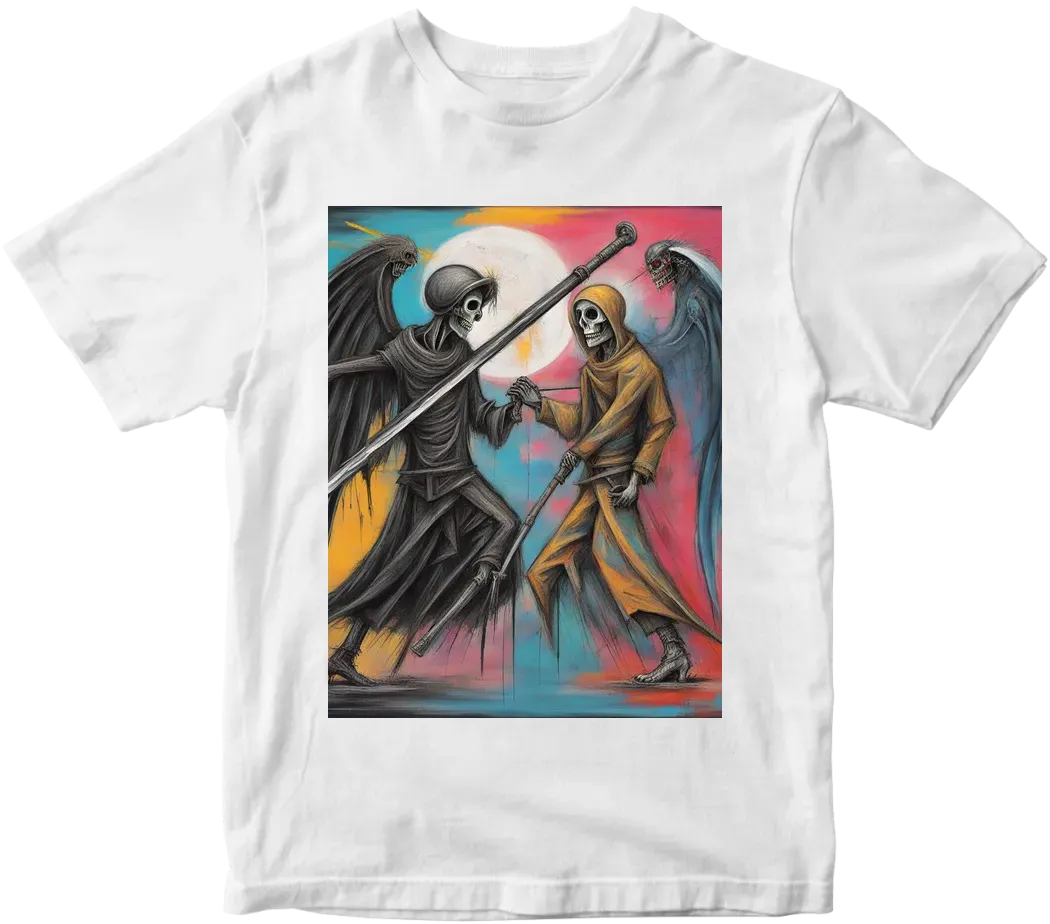 Angel wielding holy cross vs grim reaper wielding scythe facing each other in combat using with ying yang symbol