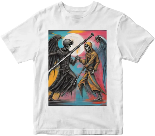 Angel wielding holy cross vs grim reaper wielding scythe facing each other in combat using with ying yang symbol